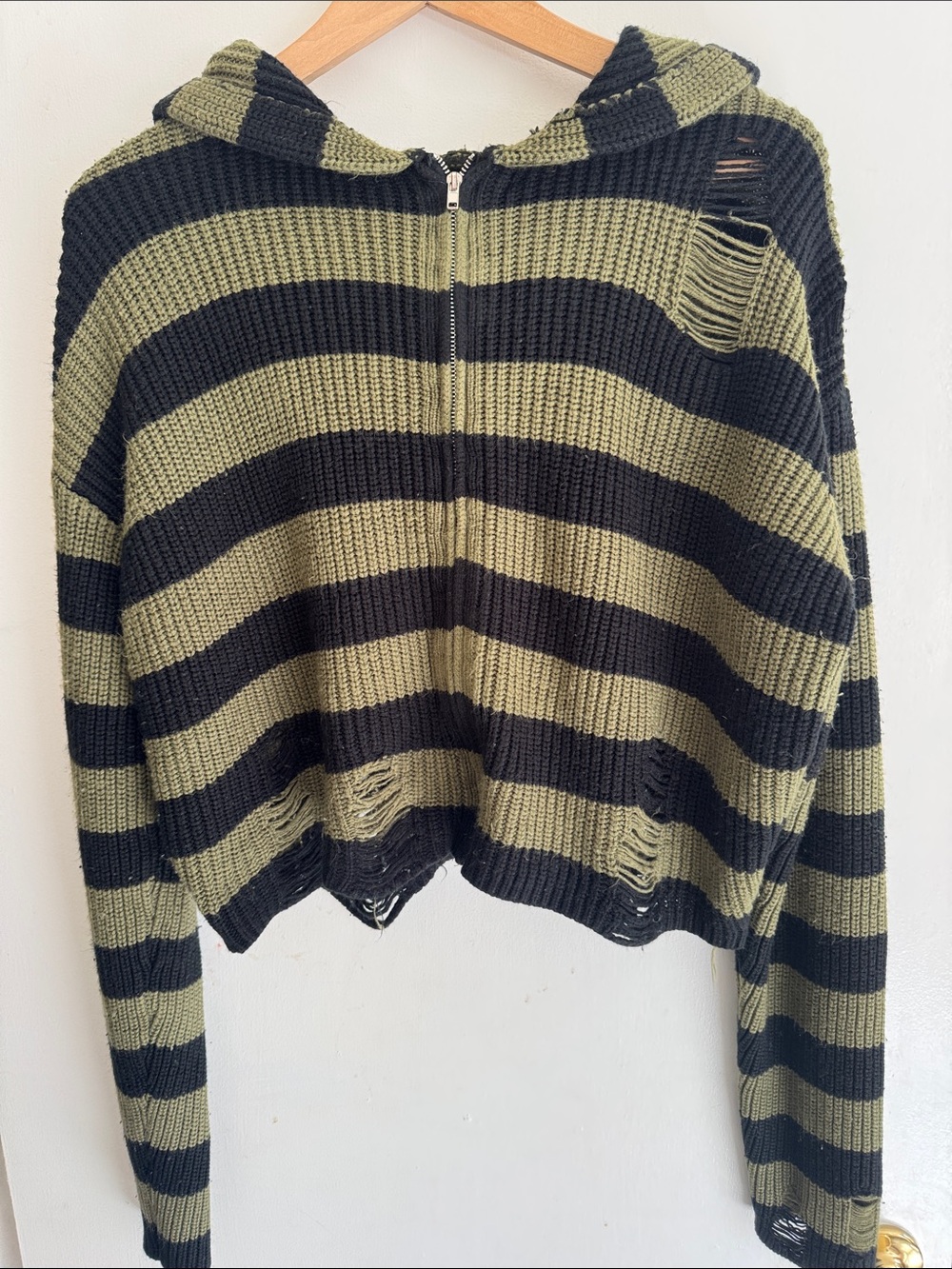 Hot Topic Olive & Black Striped Hooded Zip Sweater